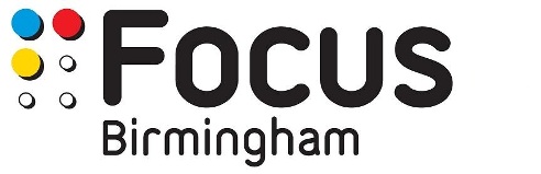 Focus Birmingham logo says "Focus Birmingham" in black font on a white background. Top left hand corner is the Braille letter F.
