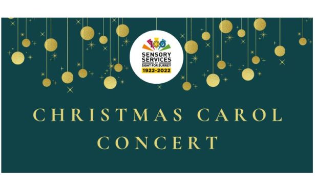 Sight for Surrey centenary logo with gold baubles hanging around the logo and underneath is Christmas Carol Concert.