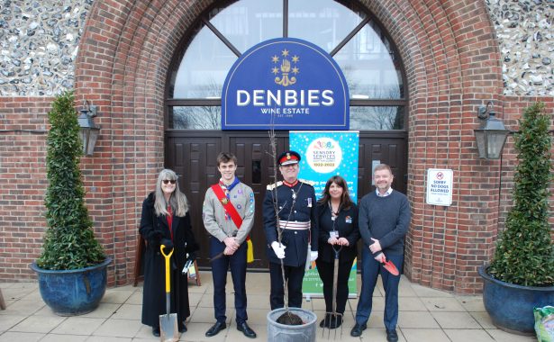 Group outside Denbies. Left to right: Mary Da-Silva Skinner Trustee, SFS Cadet Oliver Bates, Lord Lieutenant MMM, Clare Burgess, CEO of Sight for Surrey,