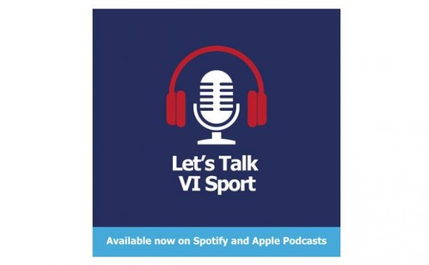 A microphone with headphones above. Underneath is text "Lets Talk VI Sport. Available now on Spotify and Apple Podcasts.