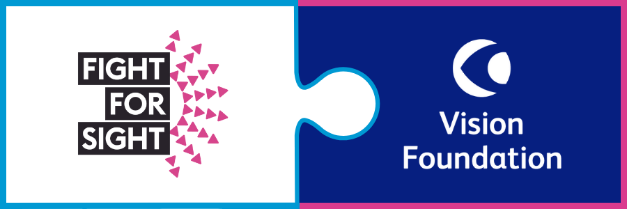 Fight for Sight/Vision Foundation's merger logo, two puzzle pieces, one pink and one blue join together. 