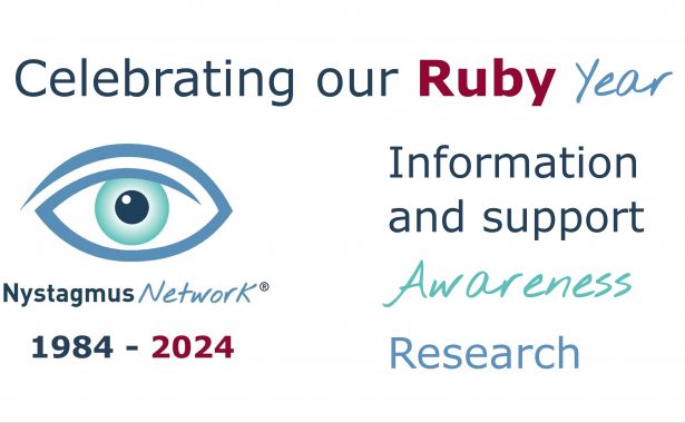 A banner marking the Ruby Year of the Nystagmus Network charity, featuring the charity's eye logo and the words 'Celebrating our Ruby Year, 1984 - 2024, Information and Support, Awareness, Research'.