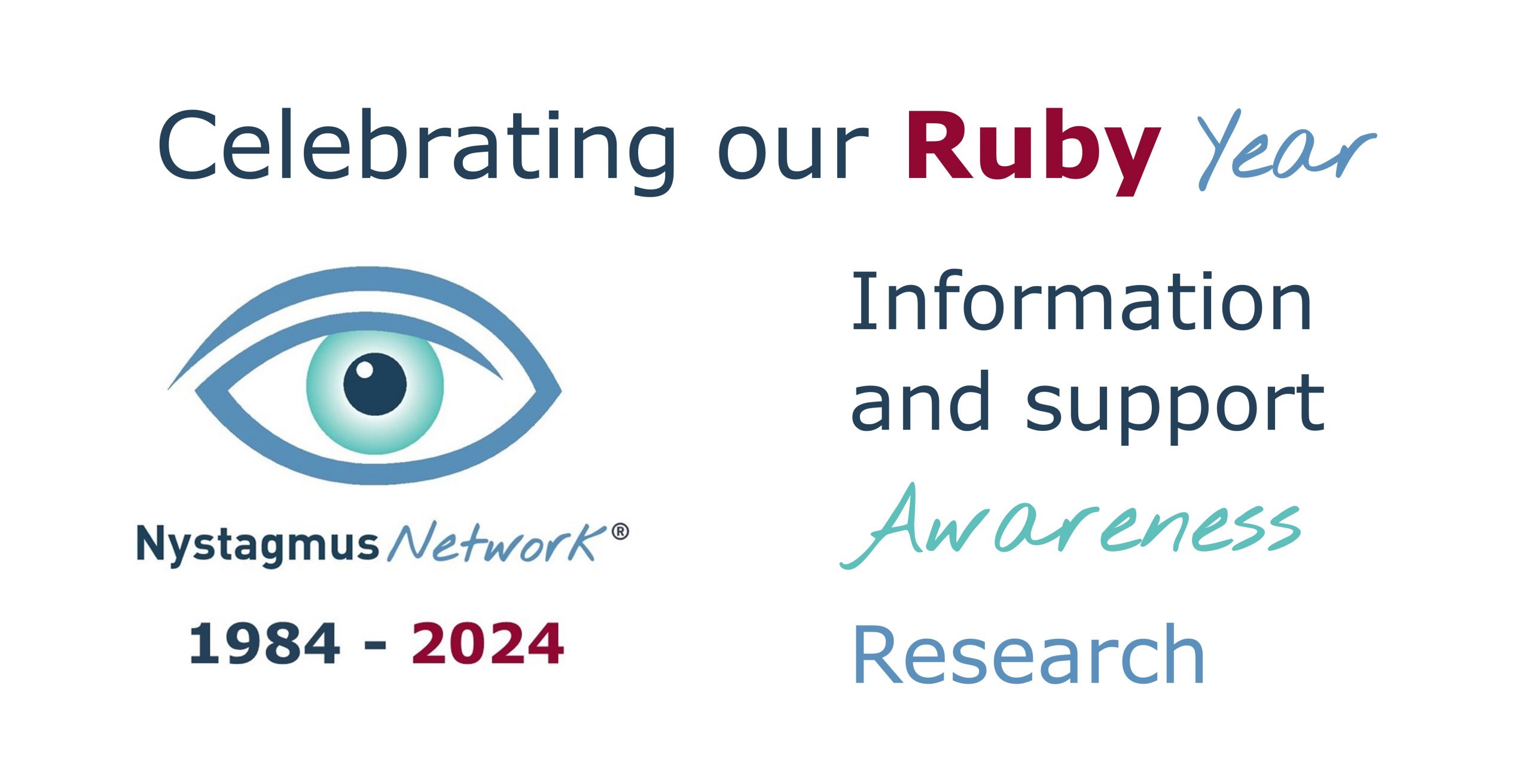 A banner marking the Ruby Year of the Nystagmus Network charity, featuring the charity's eye logo and the words 'Celebrating our Ruby Year, 1984 - 2024, Information and Support, Awareness, Research'.