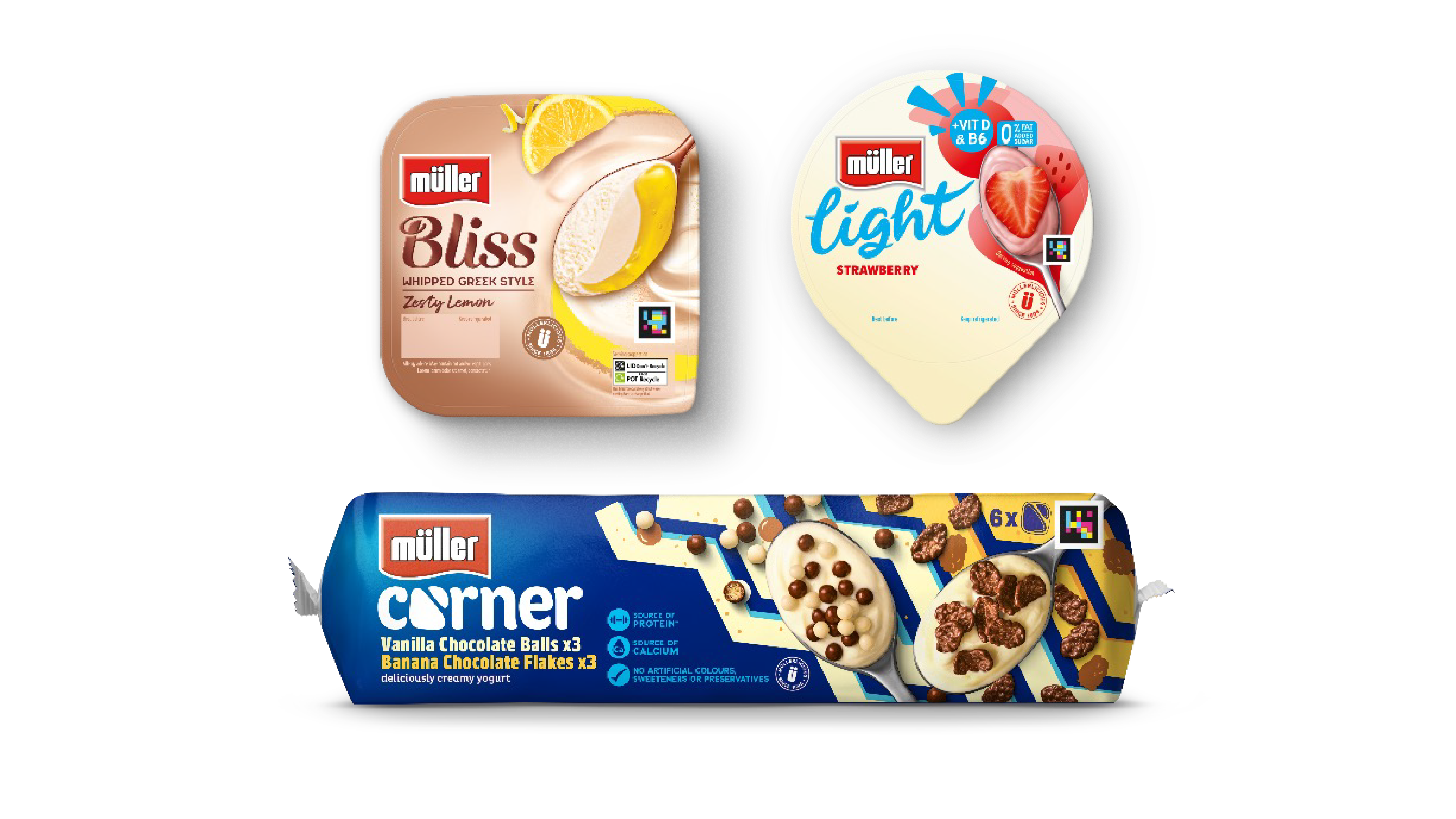 3 Müller yogurt and dessert products with the Navilens code on the packaging.