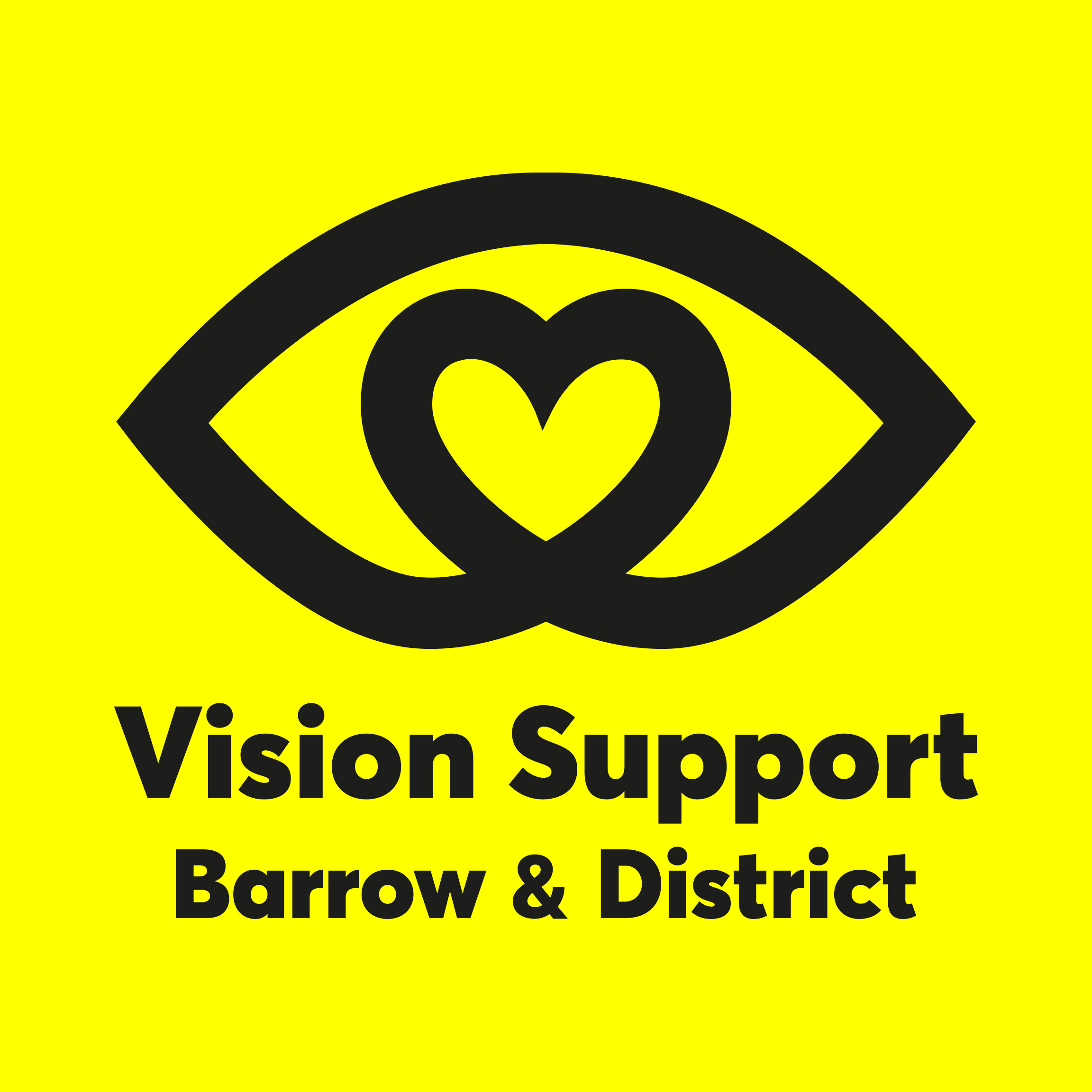 Logo is yellow background with an eye in the middle that says Vision Support Barrow and District