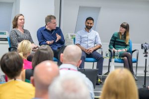 Left to right: Eleanor Southwood MBE, James Watson-O’Neill OBE, Dr. Amit Patel and Fern Lulham, on stage, sitting down having a fireside chat at the Visionary Annual Conference 2024.