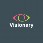 Visionary logo on a grey background. Above the word "Visionary" is a stylised eye with one section in lime green and one section in pink.