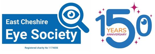 Right to left: Logo for East Cheshire Eye Society (Registered charity number 1174656) and logo for 150 years anniversary.