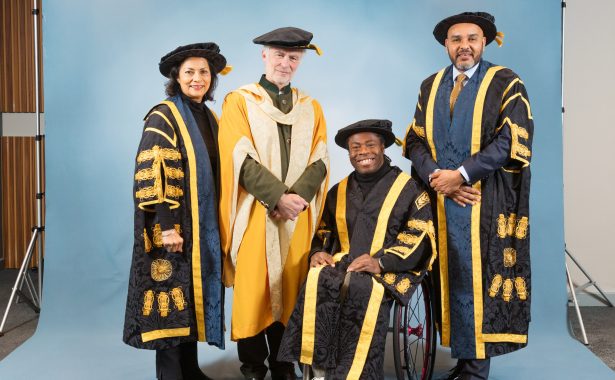 BCU Winter Graduations. From left to right: BCU Chair of Governors Anita Bhalla OBE, Simon Labbett, BCU Chancellor Ade Adepitan, and BCU Vice-Chancellor Professor David Mba. (Credit BCU / Junction 10 Photography).