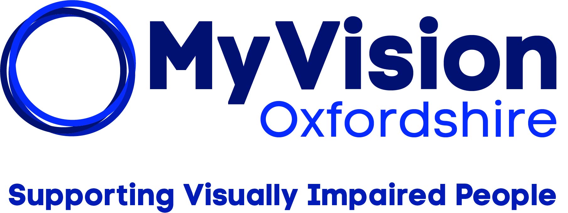 MyVision Oxfordshire logo. A blue circle, with blue text next to it saying MyVision Oxfordshire, supporting visually impaired people.