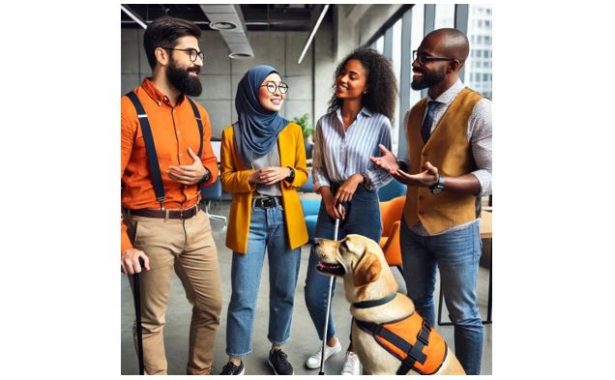 A multi-cultural, diverse, smartly yet casually dressed group of 4 people (2 men, one with a guide dog and 2 women, one wearing a hijab) having a friendly conversation in an office.