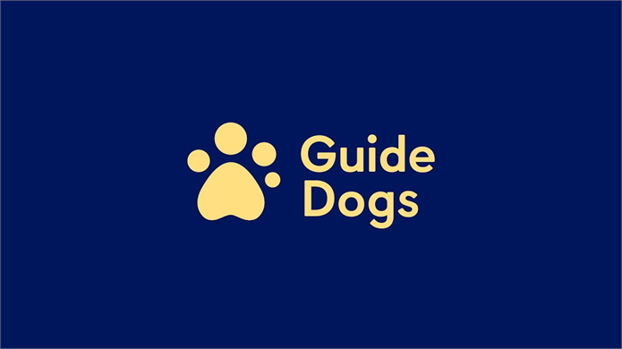 Dark blue square with a yellow paw print and the words Guide Dogs in yellow print